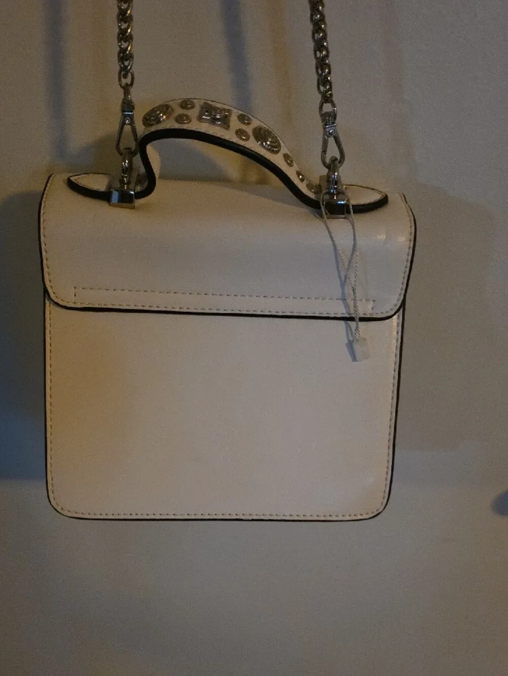 White Studded Top-Handle Satchel with Silver Hardware